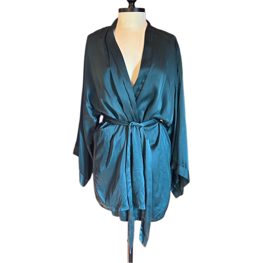 Journelle 100% Silk Elegant Dark Green Women's short kimono Robe Sz L
